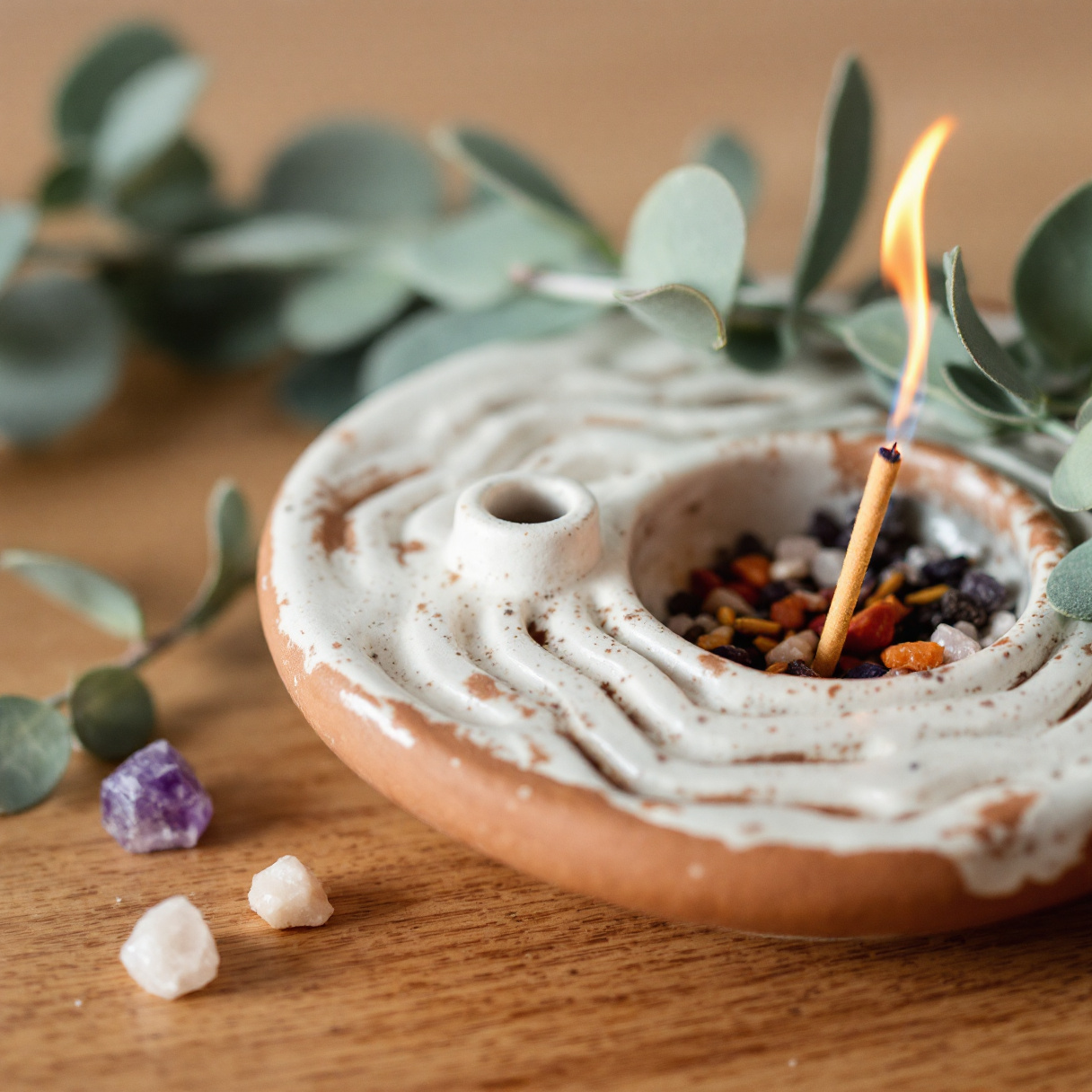 Ceramic incense burner with eucalyptus and crystals