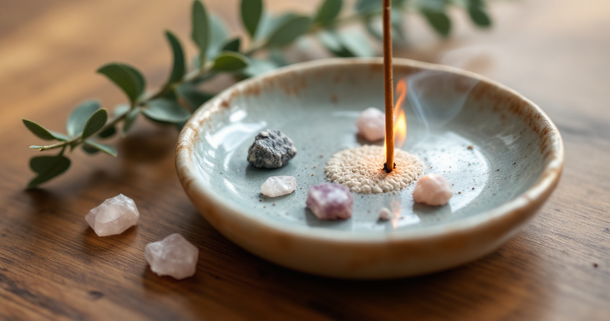 Mindful incense practice with crystals